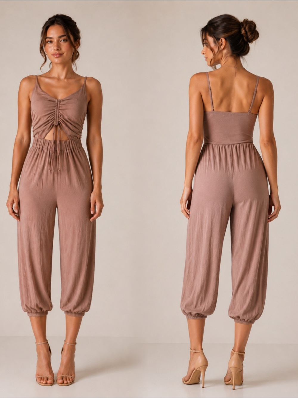 Women’s Ruched Front Cropped Jumpsuit in Tan